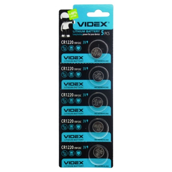 Батарейка, CR1220, літієва, таблетка, 3V, 5шт/уп, Videx